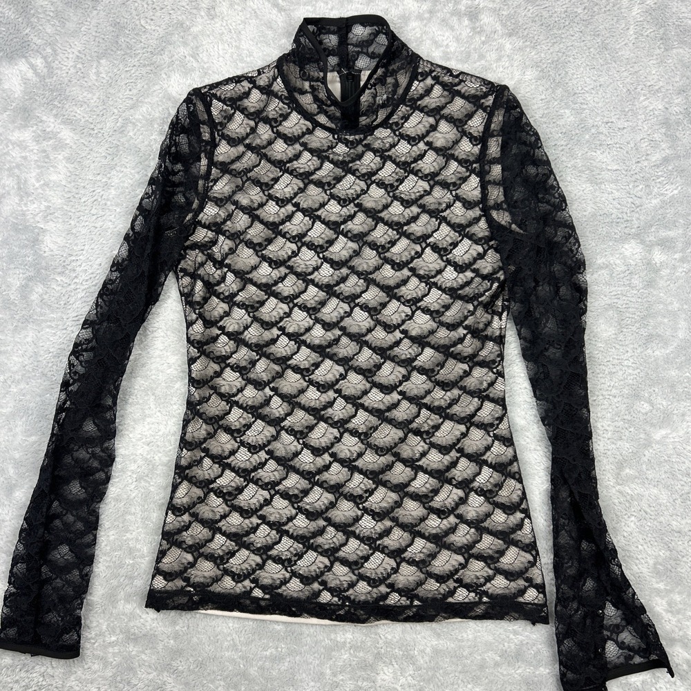 DVF Diane von Furstenberg Top 2 Black Scalloped Lace Mock Neck Lined Zipper